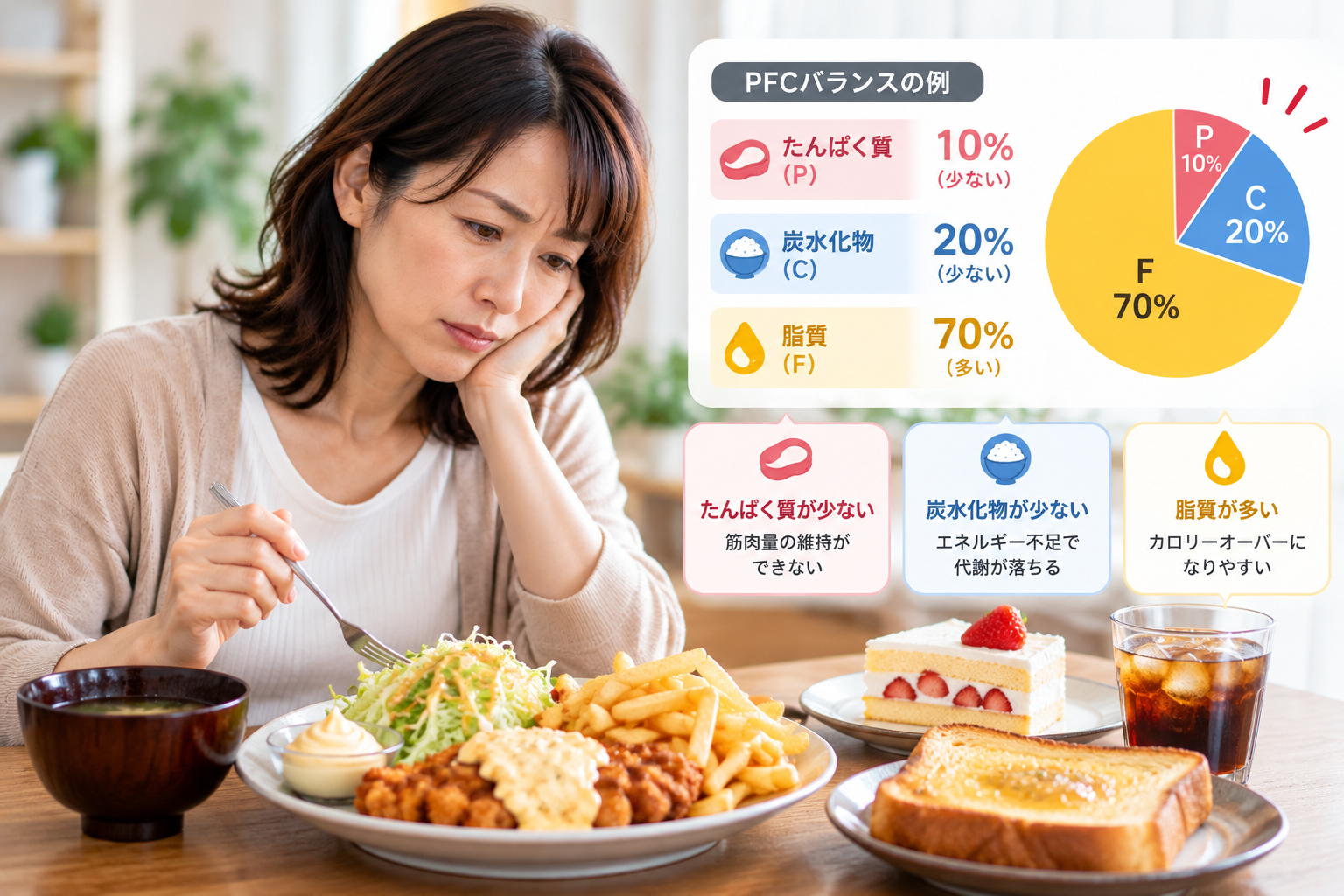 ②栄養素が不足し、PFCバランスが整っていない